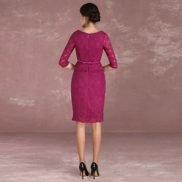 Chic / Beautiful Fuchsia Mother Of The Bride Dresses 2018 Lace Bow Scoop Neck 1/2 Sleeves Knee-Length Wedding Party Dresses