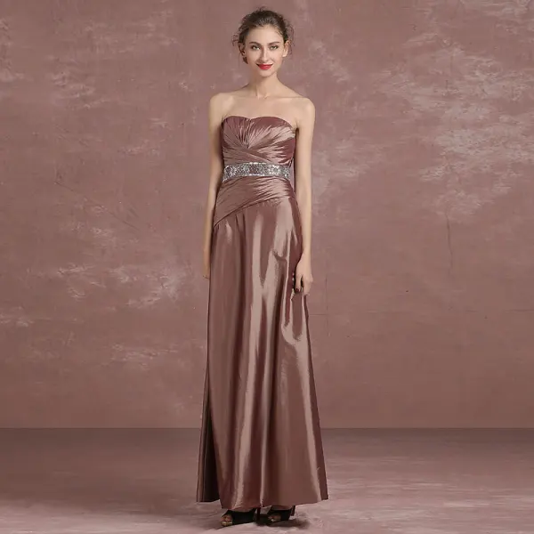 Chic / Beautiful Brown Mother Of The Bride Dresses 2018 A-Line / Princess Crystal Sequins Strapless 1/2 Sleeves Ankle Length Wedding Party Dresses