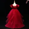 Chic / Beautiful Burgundy Flower Girl Dresses 2017 Ball Gown Crystal Appliques Bow Scoop Neck Backless Short Sleeve Asymmetrical Wedding Party Dresses