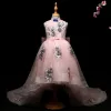 Luxury / Gorgeous Blushing Pink Flower Girl Dresses 2017 Ball Gown Lace Appliques Bow High Neck Sleeveless Asymmetrical Court Train Wedding Party Dresses