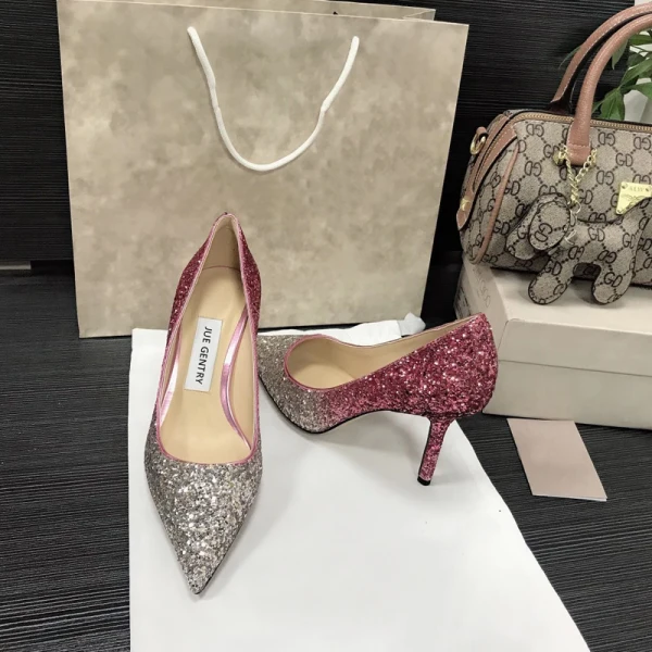 Glittrande Silver Purple Gradient-Färg Afton Pumps Läder 2021 Paljetter 8 cm Stilettklackar Spetsiga Pumps Högklackade