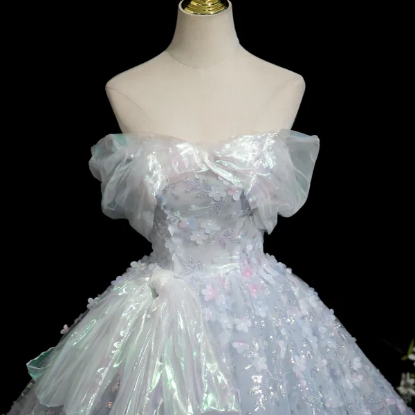 Flower Fairy Sky Blue Appliques Laser Sequins Prom Dresses 2025 Ball Gown Off-The-Shoulder Short Sleeve Backless Sweep Train Prom Formal Dresses