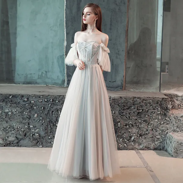 Elegant Grey Evening Dresses 2018 A Line Princess Pleated Beading Crystal Off The Shoulder Backless Short Sleeve Floor Length Long Formal Dresses