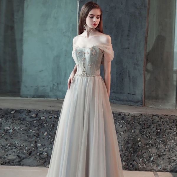 Charming Champagne Evening Dresses 2018 A-Line / Princess Crystal Off-The-Shoulder Backless Sleeveless Floor-Length / Long Formal Dresses