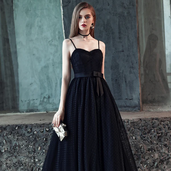 Chic / Belle Noire Robe De Bal 2018 Princesse Noeud Tachetée Bretelles Spaghetti Dos Nu Sans Manches Longue Robe De Ceremonie