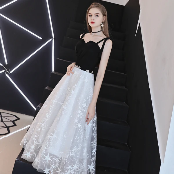 Elegant Black Prom Dresses 2018 A-Line / Princess Rhinestone Star Spaghetti Straps Sleeveless Backless Tea-length Formal Dresses