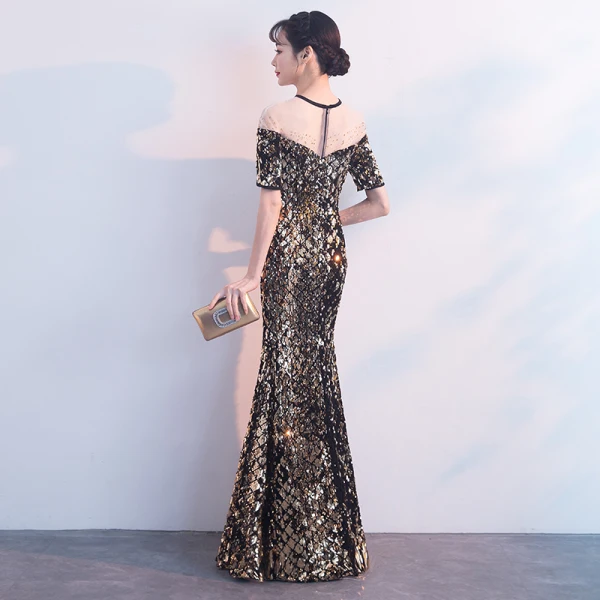Sparkly Black Gold Evening Dresses 2018 Trumpet / Mermaid Sequins Rhinestone Scoop Neck Short Sleeve Floor-Length / Long Formal Dresses