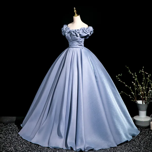 Elegant Sky Blue Prom Dresses 2025 A-Line / Princess Off-The-Shoulder Short Sleeve Backless Floor-Length / Long Prom Formal Dresses