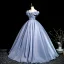 Elegant Sky Blue Prom Dresses 2025 A-Line / Princess Off-The-Shoulder Short Sleeve Backless Floor-Length / Long Prom Formal Dresses