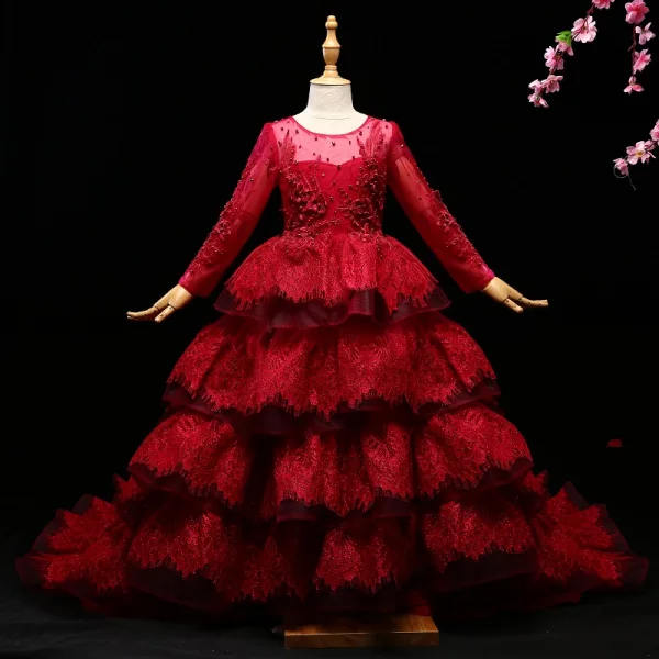 Chic / Beautiful Burgundy Flower Girl Dresses 2017 Ball Gown Lace Appliques Crystal Sequins Scoop Neck 3/4 Sleeve Court Train Wedding Party Dresses