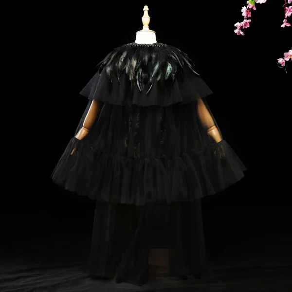 Unique Noire Doré 2 Pièces Robe Ceremonie Fille 2017 Glitter Fleur Plumes Encolure Dégagée Sans Manches Courte Robe Pour Mariage