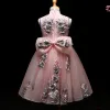 Chic / Beautiful Blushing Pink Flower Girl Dresses 2017 Ball Gown Appliques Pearl Bow High Neck Sleeveless Tea-length Wedding Party Dresses