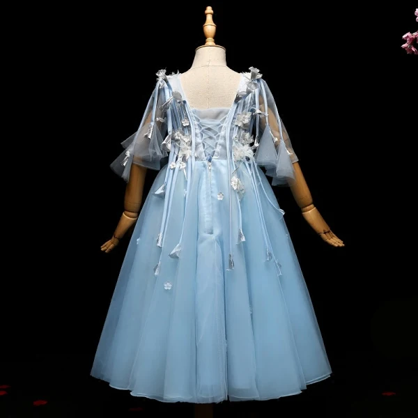 Chic / Beautiful Pool Blue Flower Girl Dresses 2017 Appliques Tassel Pearl V-Neck Backless 1/2 Sleeves Ankle Length A-Line / Princess Wedding Party Dresses