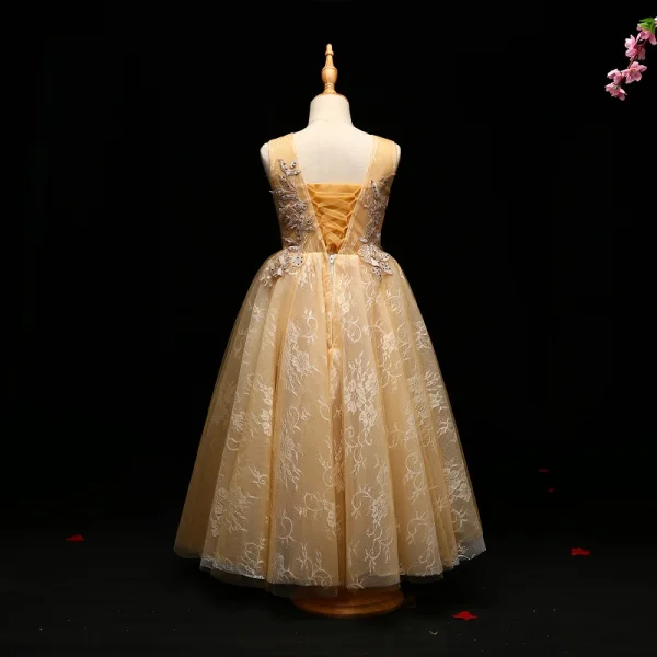 Chic / Beautiful Champagne Flower Girl Dresses 2017 A-Line / Princess Lace Appliques Pearl Sequins Scoop Neck Backless Sleeveless Ankle Length Wedding Party Dresses