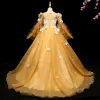 Chic / Beautiful Yellow Flower Girl Dresses 2017 A-Line / Princess Appliques Scoop Neck Long Sleeve Sweep Train Wedding Party Dresses
