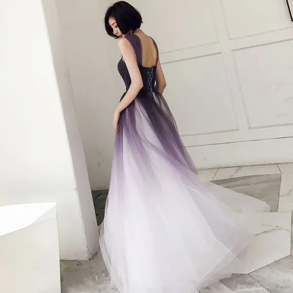 Chic / Belle Grape Dégradé De Couleur Robe De Bal 2018 Princesse Encolure Carrée Sans Manches Dos Nu Longue Robe De Ceremonie