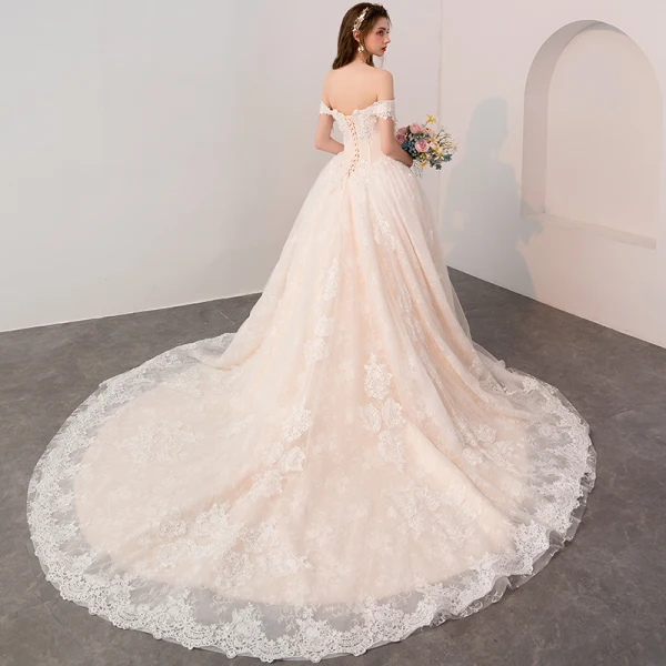 Luxury / Gorgeous Champagne Wedding Dresses 2018 A-Line / Princess Appliques Lace Beading Pearl Off-The-Shoulder Backless Short Sleeve Cathedral Train Wedding