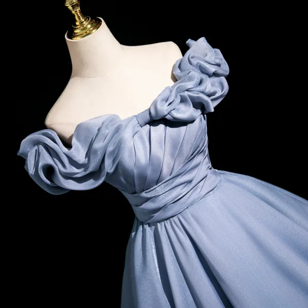 Elegant Sky Blue Prom Dresses 2025 A-Line / Princess Off-The-Shoulder Short Sleeve Backless Floor-Length / Long Prom Formal Dresses