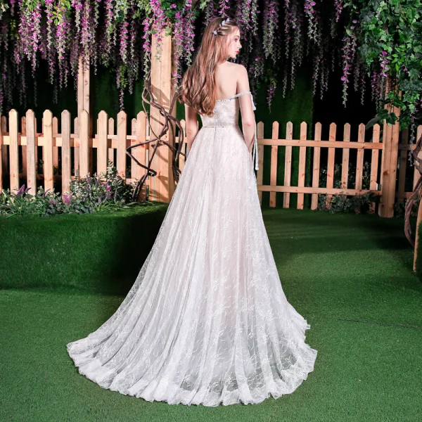 Charming Champagne Wedding Dresses 2018 A-Line / Princess Beading Lace Pearl Off-The-Shoulder Sleeveless Backless Sweep Train Wedding
