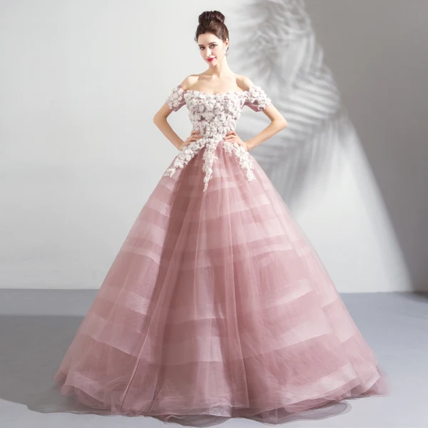 Elegant Blushing Pink Prom Dresses 2018 Ball Gown Lace Flower Appliques Pearl Sequins Off-The-Shoulder Backless Short Sleeve Floor-Length / Long Formal Dresses