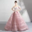 Elegant Blushing Pink Prom Dresses 2018 Ball Gown Lace Flower Appliques Pearl Sequins Off-The-Shoulder Backless Short Sleeve Floor-Length / Long Formal Dresses