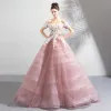 Elegant Blushing Pink Prom Dresses 2018 Ball Gown Lace Flower Appliques Pearl Sequins Off-The-Shoulder Backless Short Sleeve Floor-Length / Long Formal Dresses