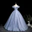 Elegant Sky Blue Prom Dresses 2025 A-Line / Princess Off-The-Shoulder Short Sleeve Backless Floor-Length / Long Prom Formal Dresses