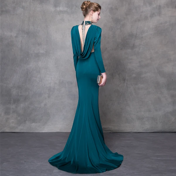 Luxe Bleu D'encre Robe De Soirée 2018 Trompette / Sirène Cristal Faux Diamant Ceinture Col Haut Dos Nu Manches Longues Train De Balayage Robe De Ceremonie