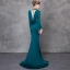 Luxe Bleu D'encre Robe De Soirée 2018 Trompette / Sirène Cristal Faux Diamant Ceinture Col Haut Dos Nu Manches Longues Train De Balayage Robe De Ceremonie