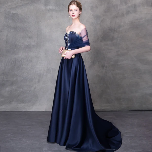 Elegant Mørk Marineblå Selskapskjoler 2018 Prinsesse Krystall Rhinestone Sash Kjæreste Ryggløse Uten Ermer Feie Tog Formelle Kjoler