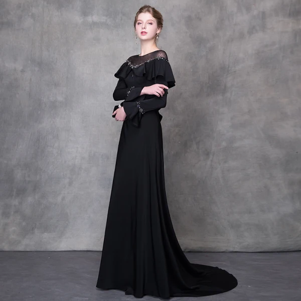 Élégant Noir Robe De Soirée 2018 Trompette / Sirène Cristal Faux Diamant Ceinture Encolure Dégagée Manches Longues Train De Balayage Robe De Ceremonie