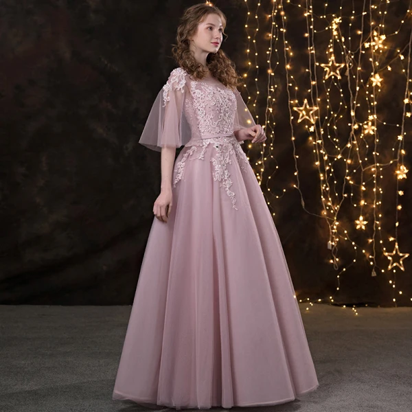 Chic / Beautiful Blushing Pink Prom Dresses 2018 A-Line / Princess Lace Appliques Pearl Sash Scoop Neck Backless 3/4 Sleeve Floor-Length / Long Formal Dresses