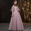 Chic / Beautiful Blushing Pink Prom Dresses 2018 A-Line / Princess Lace Appliques Pearl Sash Scoop Neck Backless 3/4 Sleeve Floor-Length / Long Formal Dresses