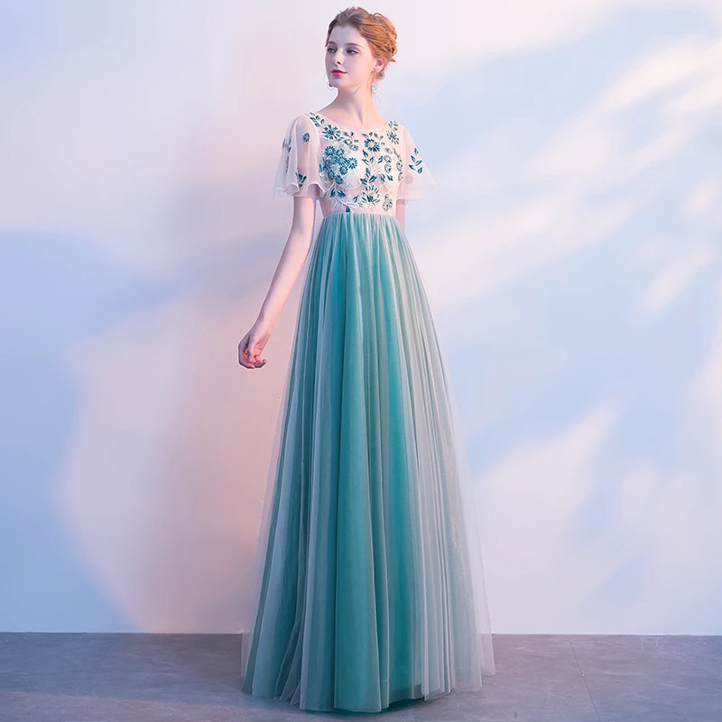 Chic Beautiful Jade Green Prom Dresses 2017 A Line Princess Appliques  Beading Scoop Neck Short Sleeve Floor Length Long Formal Dresses