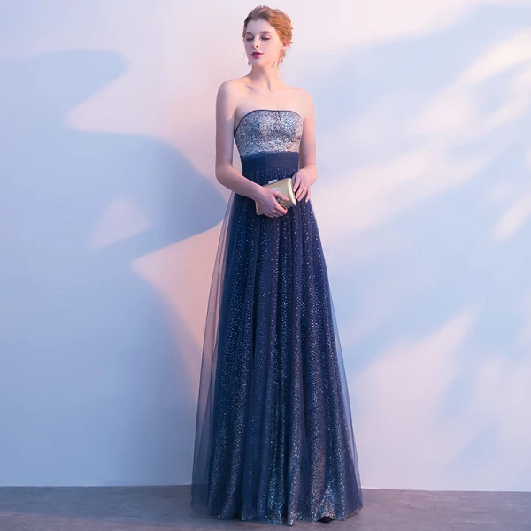 Scintillantes Bleu Marine Ciel étoilé Robe De Soirée 2017 Princesse Glitter Faux Diamant Bustier Dos Nu Sans Manches Longue Robe De Ceremonie