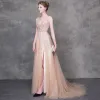 Luxury / Gorgeous Champagne Evening Dresses  2018 A-Line / Princess Beading Sequins V-Neck Backless Sleeveless Sweep Train Formal Dresses