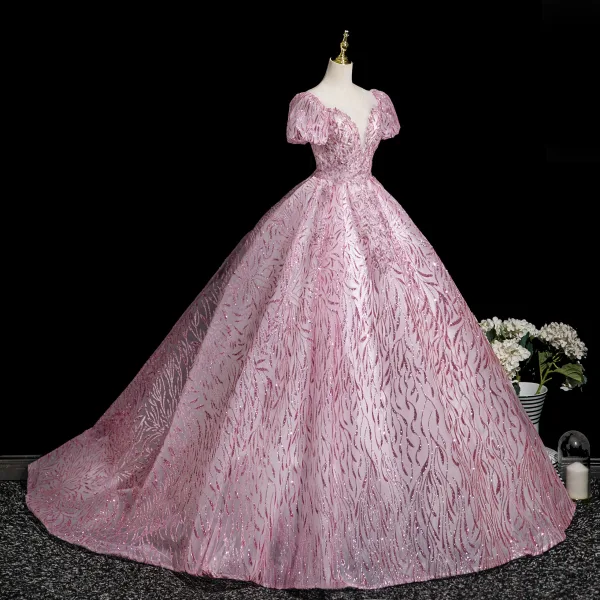 Bling Bling Candy Pink Sequins Prom Dresses 2025 Ball Gown Scoop Neck Short Sleeve Backless Sweep Train Prom Formal Dresses