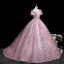 Bling Bling Candy Pink Sequins Prom Dresses 2025 Ball Gown Scoop Neck Short Sleeve Backless Sweep Train Prom Formal Dresses