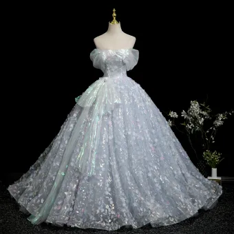 Flower Fairy Sky Blue Appliques Laser Sequins Prom Dresses 2025 Ball Gown Off The Shoulder Short Sleeve Backless Sweep Train Prom Formal Dresses