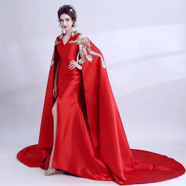 Unusual Red With Shawl Evening Dresses 2018 A-Line / Princess Embroidered V-Neck Sleeveless Court Train Formal Dresses
