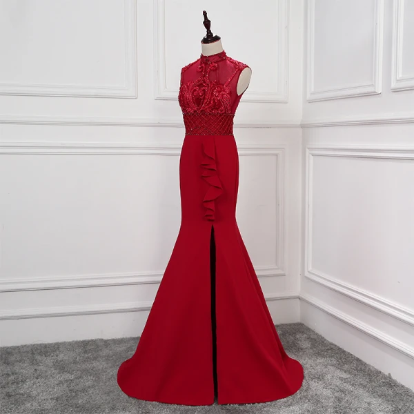 Modern / Fashion Burgundy Evening Dresses 2018 Trumpet / Mermaid Crystal Lace Flower High Neck Backless Sleeveless Sweep Train Formal Dresses