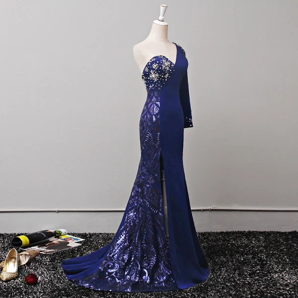 Vintage / Originale Bleu Marine Robe De Soirée 2018 Trompette / Sirène Perle Paillettes Une épaule Manches Longues Dos Nu Train De Balayage Robe De Ceremonie
