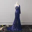 Vintage / Originale Bleu Marine Robe De Soirée 2018 Trompette / Sirène Perle Paillettes Une épaule Manches Longues Dos Nu Train De Balayage Robe De Ceremonie