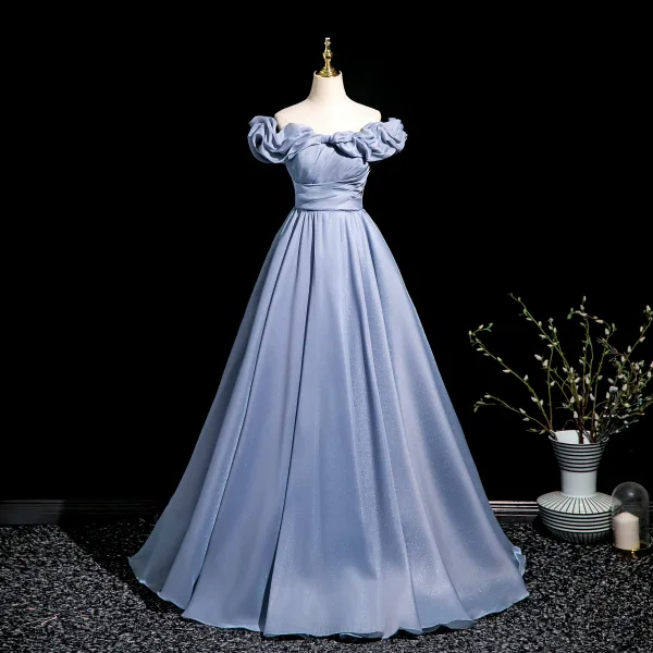Elegant Sky Blue Prom Dresses 2025 A-Line / Princess Off-The-Shoulder Short Sleeve Backless Floor-Length / Long Prom Formal Dresses
