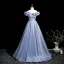 Elegant Sky Blue Prom Dresses 2025 A-Line / Princess Off-The-Shoulder Short Sleeve Backless Floor-Length / Long Prom Formal Dresses