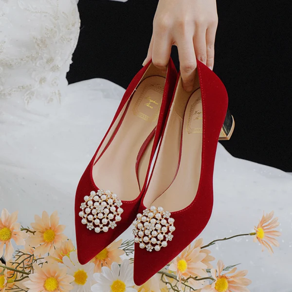 Elegant Red Wedding Shoes 2021 Pearl 5 cm Thick Heels Block Heels Pointed Toe Wedding Pumps High Heels