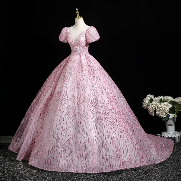 Bling Bling Candy Pink Sequins Prom Dresses 2025 Ball Gown Scoop Neck Short Sleeve Backless Sweep Train Prom Formal Dresses