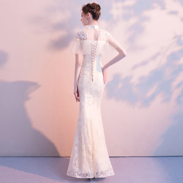 Elegant Champagne Evening Dresses 2018 Trumpet / Mermaid Beading Lace Flower High Neck Backless Short Sleeve Floor-Length / Long Formal Dresses