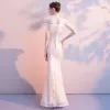 Elegant Champagne Evening Dresses  2018 Trumpet / Mermaid Beading Lace Flower High Neck Backless Short Sleeve Floor-Length / Long Formal Dresses