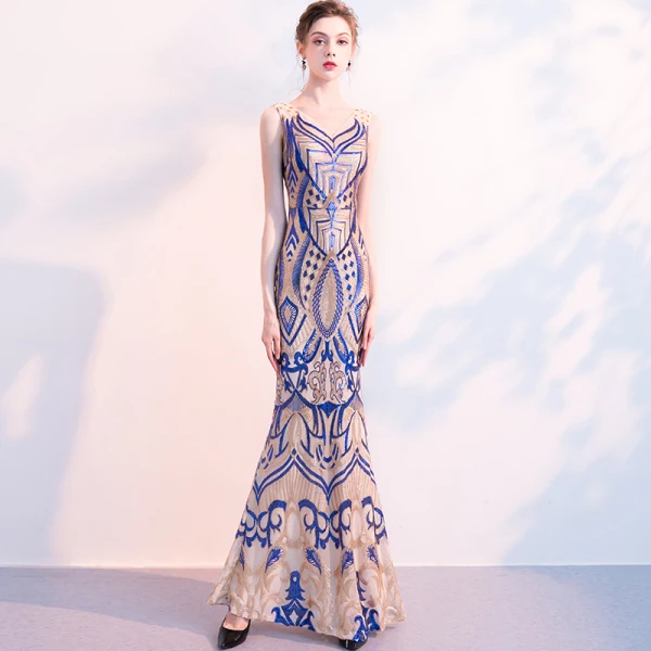 Charmant Bleu Roi Champagne Robe De Soirée 2018 Trompette / Sirène Paillettes V-Cou Dos Nu Sans Manches Longue Robe De Ceremonie
